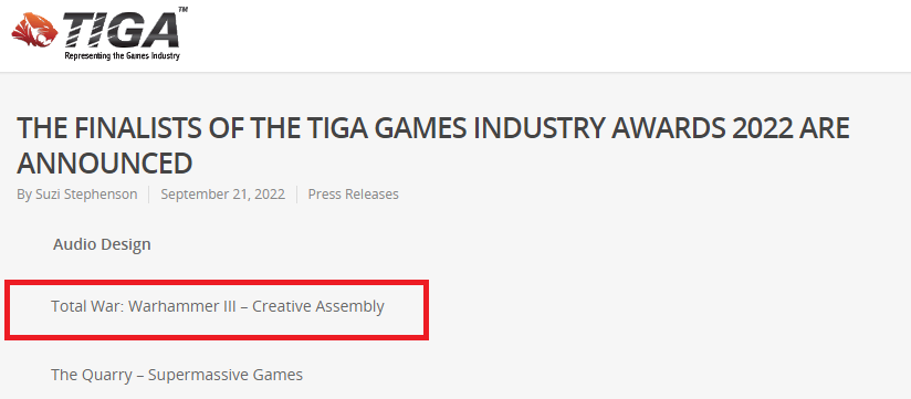 alexhynesaudio's tweet photo. Eyy! Total War: Warhammer III got nominated for Audio Design at the TIGA awards! ❤️❤️🥳 Pleasure to work on this project! ☺️ https://t.co/hqf1eWWUIZ