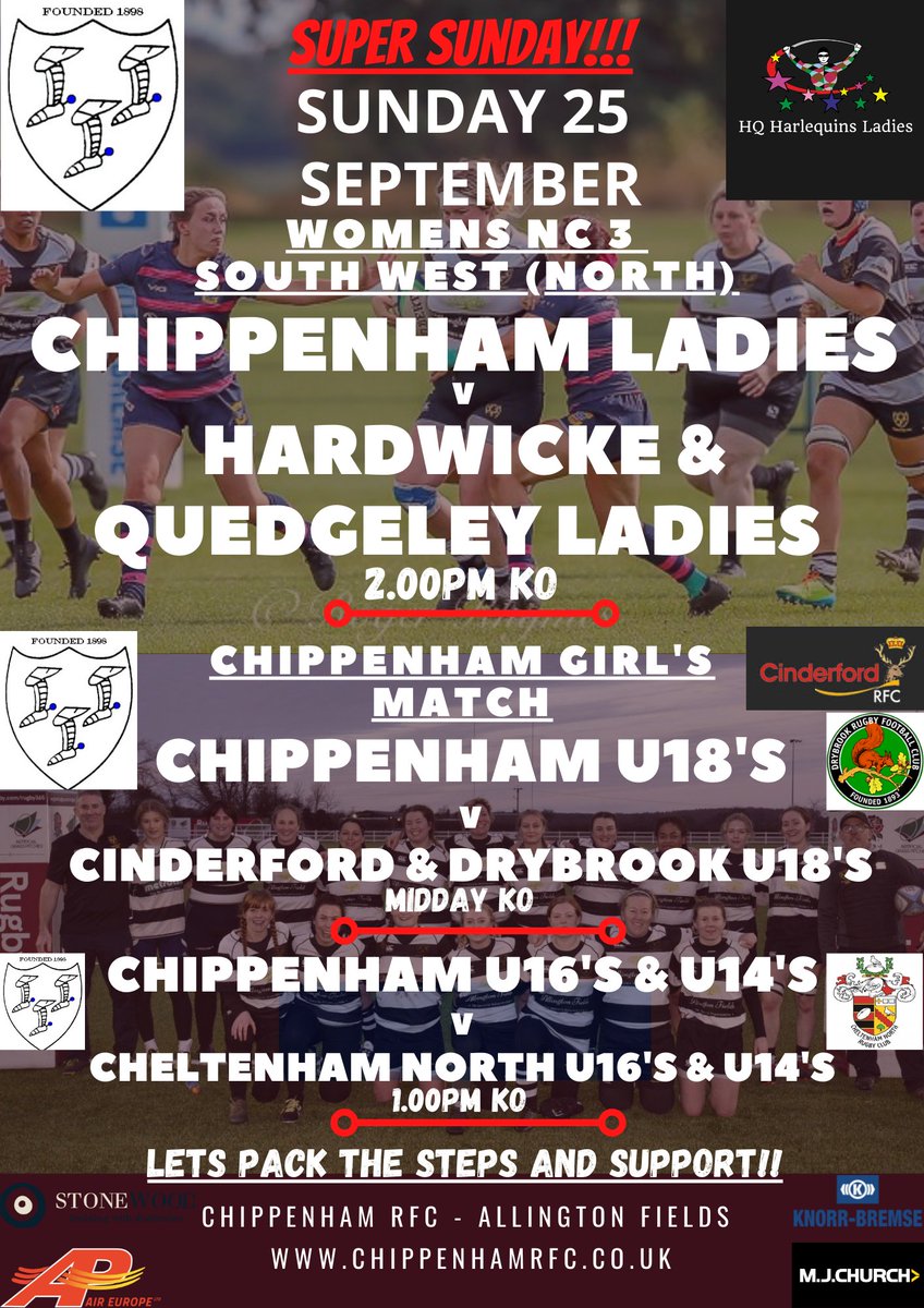 <a href="/ChippenhamRFC/">Chippenham RFC</a> proudly provide Rugby for All 

This Sunday our Ladies Team &amp; Girls Squads all playing - Get out &amp; support!!

Chippenham Ladies v <a href="/HQHLadies/">HQHarlequins Ladies RFC</a> 

<a href="/CRFCgirlsrugby/">Chippenham RFC Girls</a> U18 v <a href="/cinderfordrfc/">Cinderford RFC 🌲🏉</a> &amp; <a href="/Drybrook__RFC/">Drybrook RFC</a> U18 

Girls U16 v <a href="/CheltNorthRFC/">Cheltenham North RFC</a> U16

Girls U14 v Chelt North U14