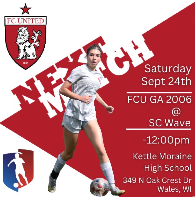 Road trip!  

Come out and see us this weekend as we travel to America’s Dairyland to square off with <a href="/SCWave06/">SC Wave 05/06 Girls</a> 

<a href="/ChicagoFCUnited/">Chicago FC United</a> 
<a href="/GAcademyLeague/">Girls Academy</a>