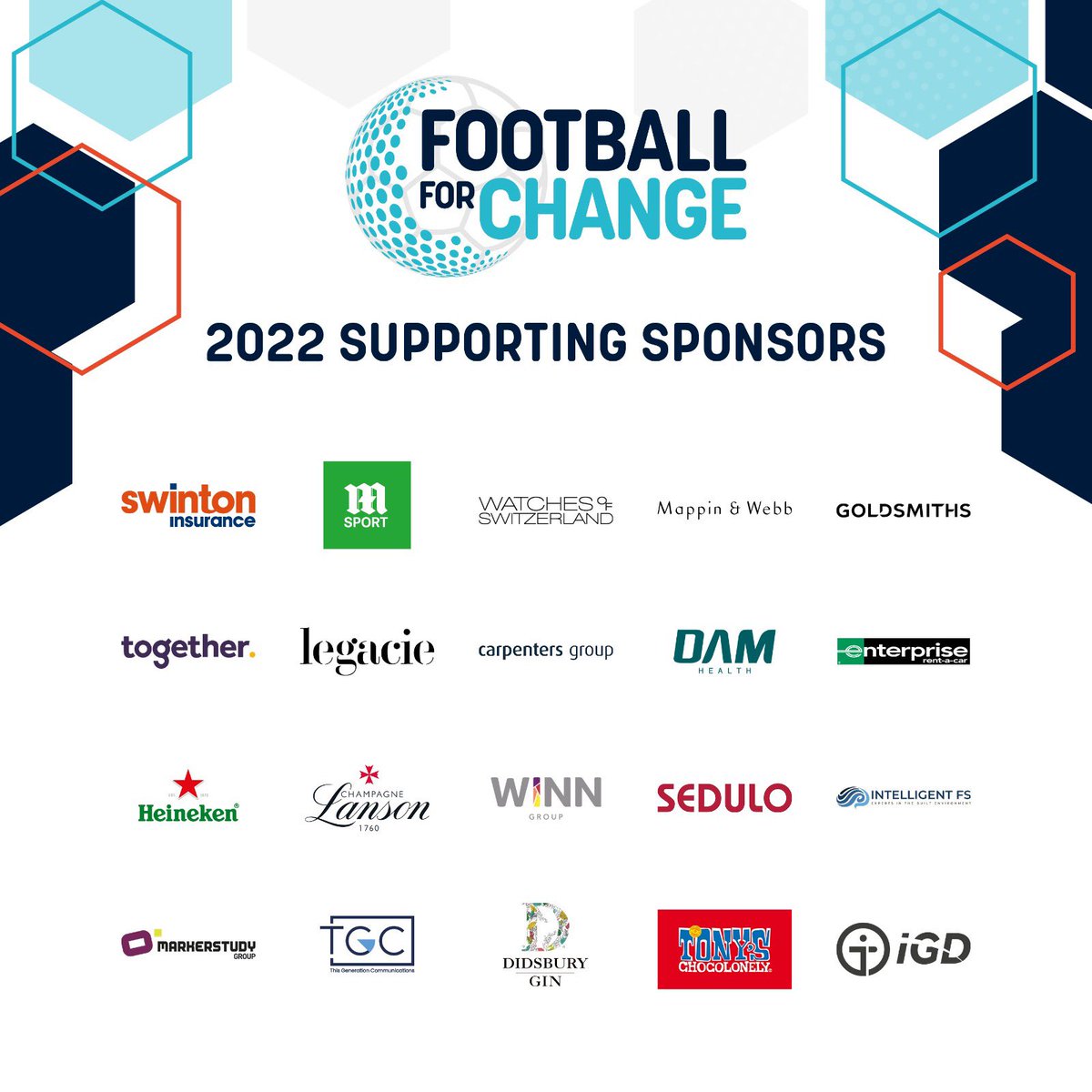 There are just 24 hours to go until the 2022 Football For Change fundraising gala in Manchester 🎉🎉

This event has been helped by some fantastic supporting sponsors 🤩🤩

A massive THANK YOU! ♥️
