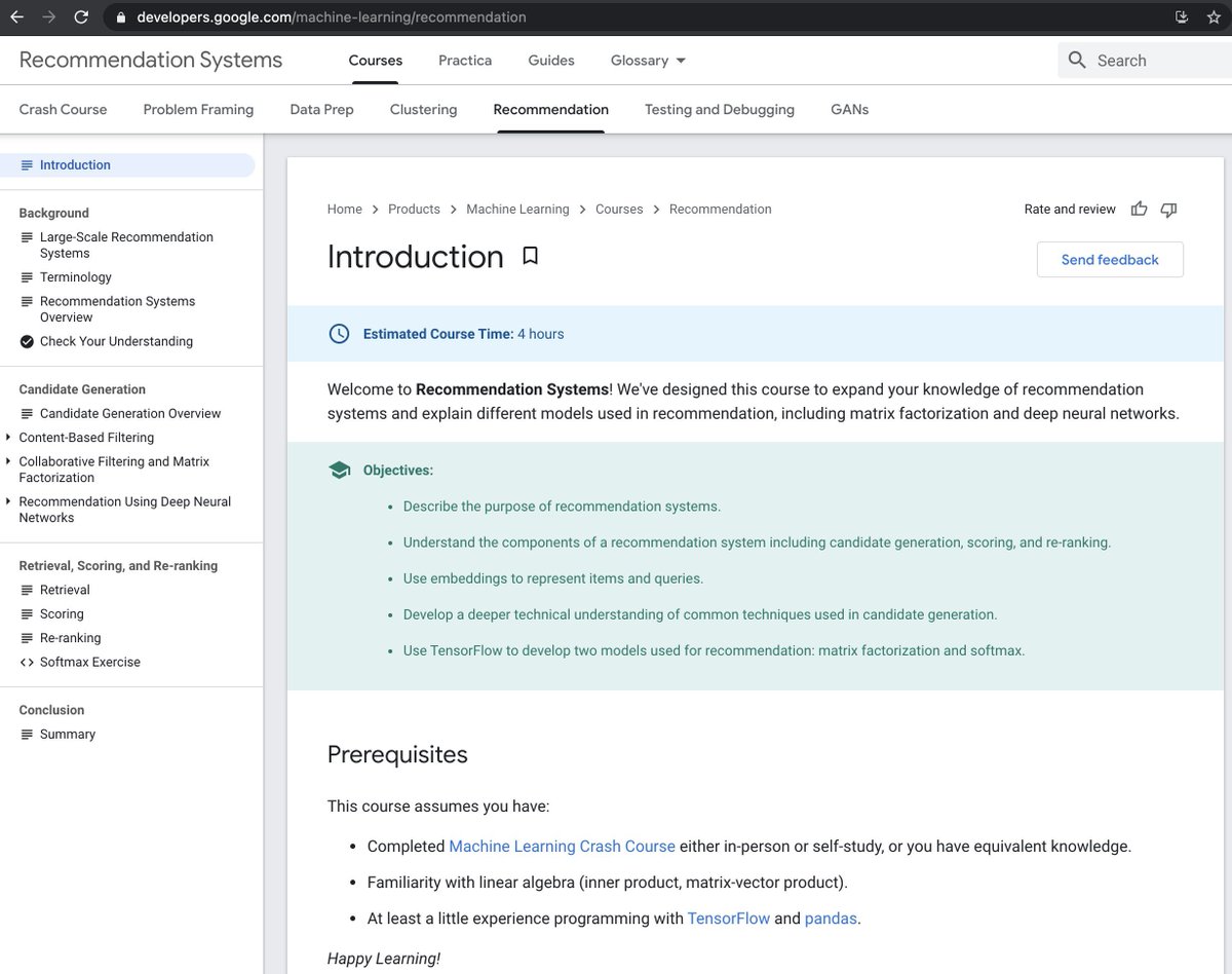 svpino's tweet photo. An excellent first machine learning application for anyone getting started:

Build a simple recommendation model.

Here is a free course on Recommendation Systems from Google.

It's short, to the point, and will help you build your first project!

https://t.co/XuzXcVpnTu https://t.co/V7nGphKDEV