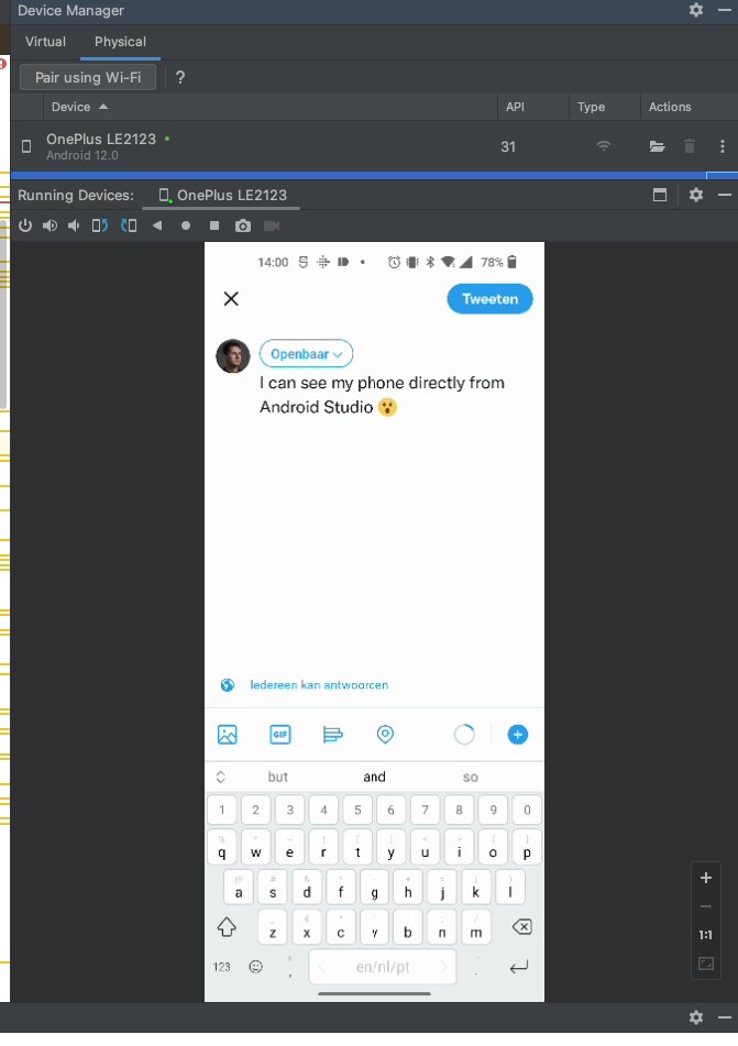 gekrabbel's tweet photo. I just discovered the new Device Mirroring feature in Android Studio Flamingo. I can see and interact with my device directly from Android Studio. Since I'm mostly working with remote devices, I'm really loving this feature #AndroidStudio #AndroidDev https://t.co/EwJTAiuBx5