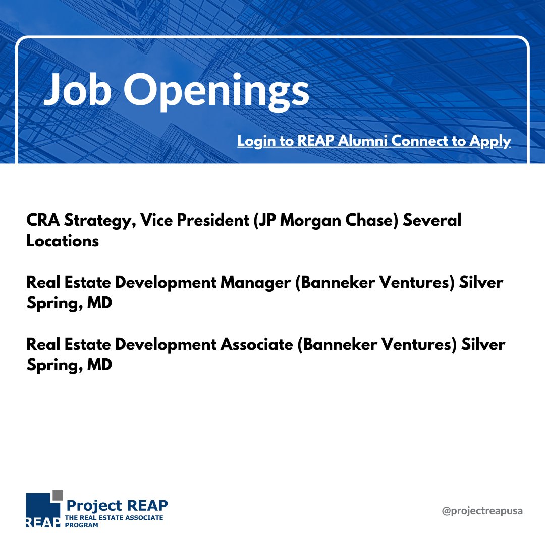 ProjectREAP's tweet image. Check out this week's job openings 👩🏾‍💻👨🏾‍💻

To apply and access other job opportunities, visit the Alumni Job Board - reapconnect.org.

#ProjectREAP #jobpostings #alumni #realestate #commercialrealestate
