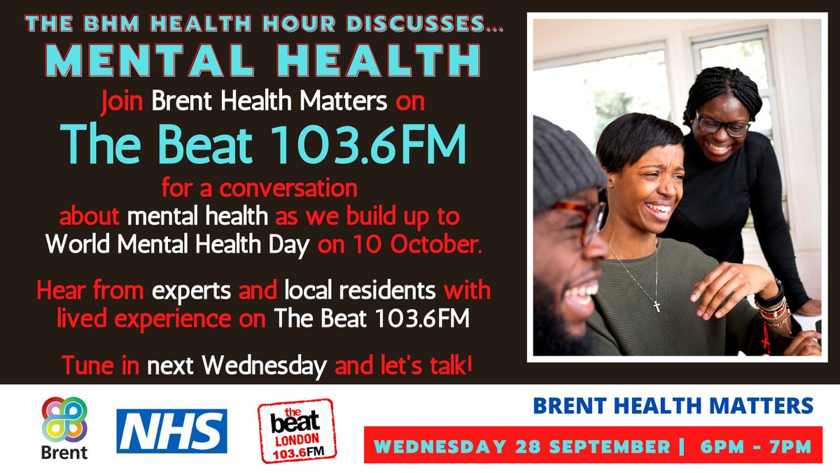 Every month Brent Council and the local NHS host the Brent Health Matters Health Hour on <a href="/TheBeat1036fm/">THE BEAT LDN 103.6FM</a> radio station and next week (Wed 28, 6-7pm) we're talking about Mental Health as we approach #WorldMentalHealthDay on 10 October - tune in and join us  #mentalhealthawareness