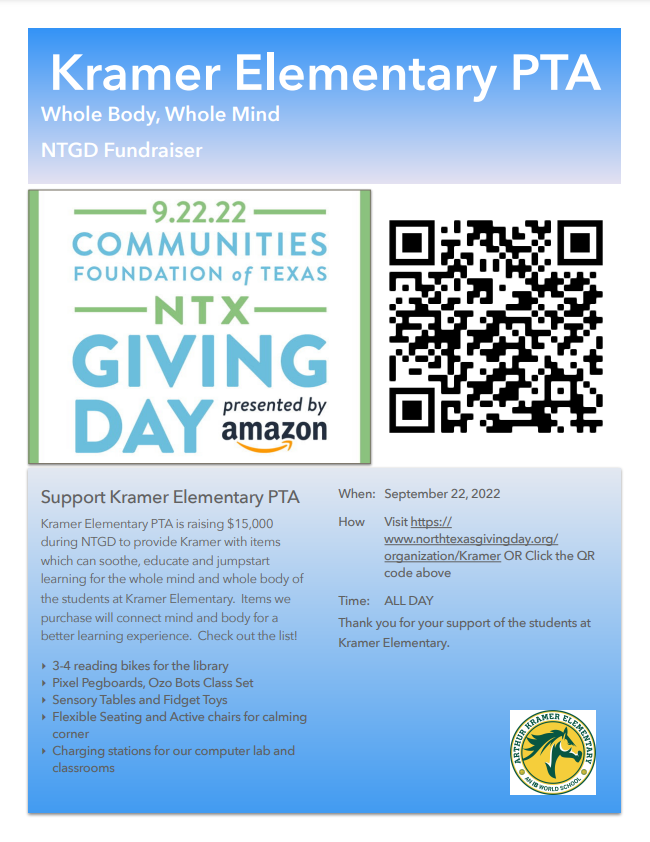 KramerDISD's tweet photo. Tomorrow is North Texas Giving Day! Please consider donating to the Kramer PTA. Donations will go to many of our SEL initiatives and needs! Thank you. @NTxGivingDay @kramerpta https://t.co/Xn9nVXpwm9