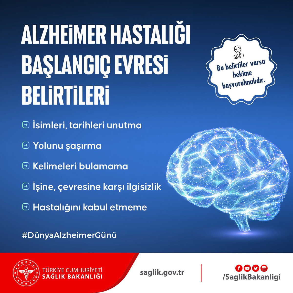 Yavaş ilerleyen ancak zaman içinde günlük yaşamı etkileyen Alzheimer hastalığında erken teşhis önemlidir. Alzheimer hastalığı başlangıç evresi belirtileri varsa hekime başvurulmalıdır. 👇
#DünyaAlzheimerGünü