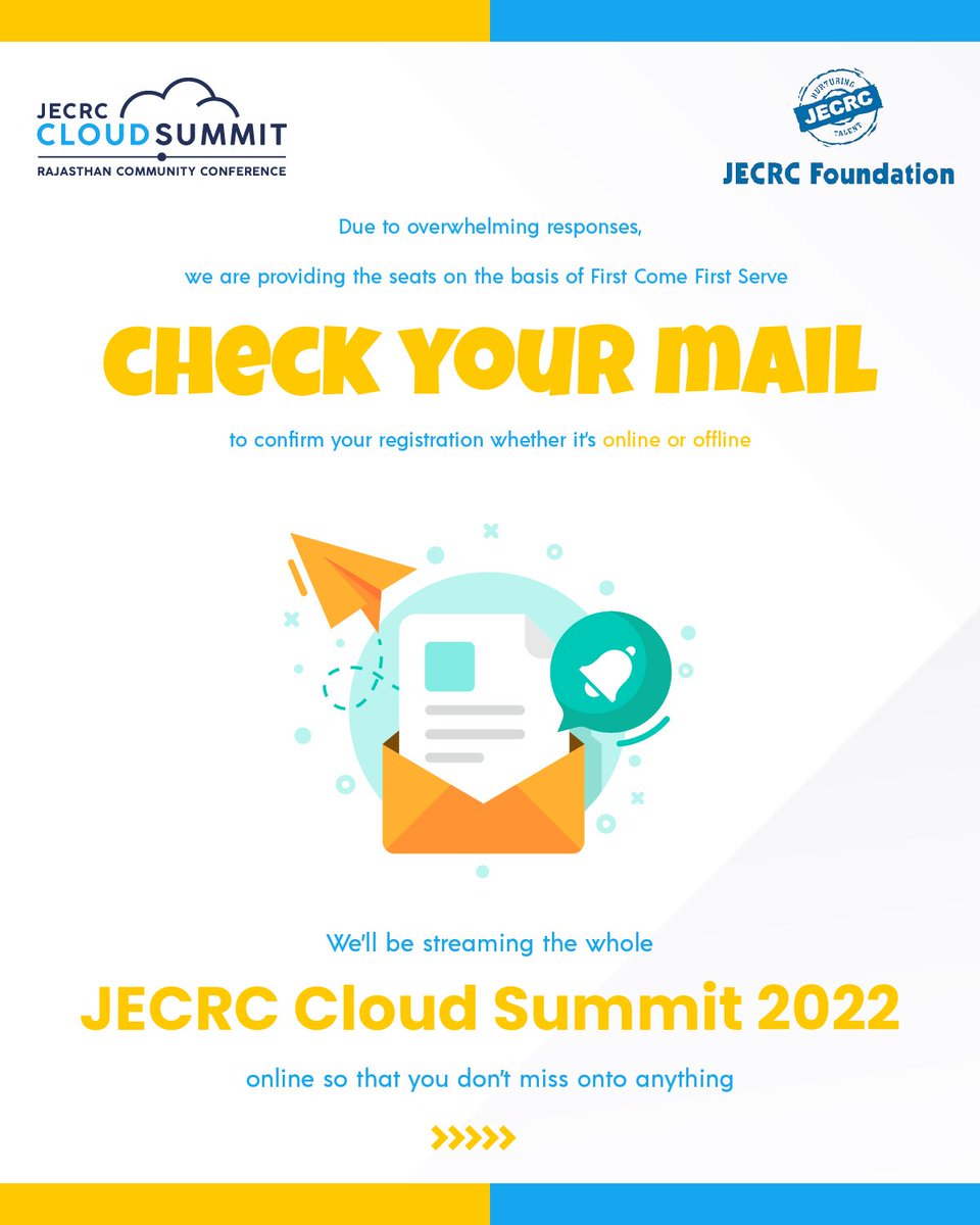 Due to overwhelming responses, we are providing the seats on the basis
 of FCFS - First come, first serve. 

Kindly, check your mails to confirm your registration. 

Note - We’ll be streaming the whole JECRC Cloud Summit 2022 online, so that you don’t miss onto anything.