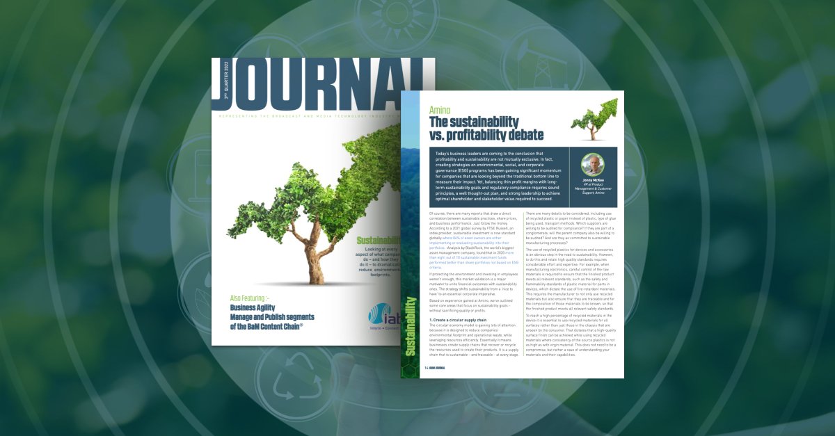 In the latest @TheIABM journal, Jonny McKee, Amino VP Product Management, talks about Amino's experience of driving sustainability without sacrificing quality or profits. Read the full article here: hubs.la/Q01mLdST0 #IABM #Sustainability