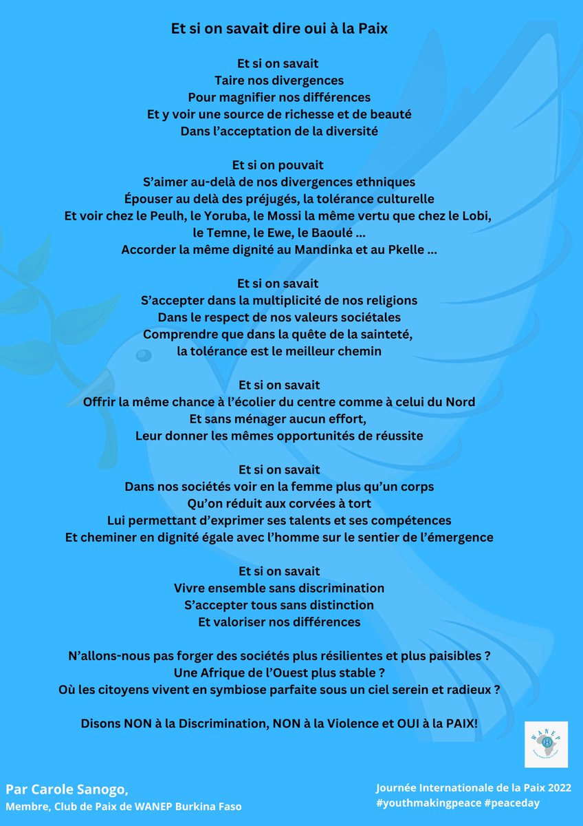 A l’occasion de la #JourneeInternationaleDelaPaix, savourez un poème 📜 de Carole, membre du club de paix de <a href="/Wanepbf1/">Wanepbf</a>. 
#EndRacismBuildPeace #PeaceDay #Youthmakingpeace
