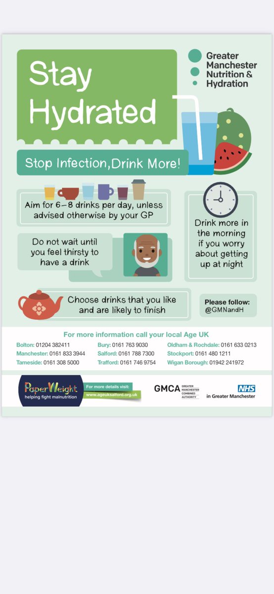 Did you know dehydration can be a common cause of falls in older adults?  Why not share some of these tips with any older adults you work with to help them stay healthy and reduce their falls risk. #weagewell #fallsawarenessweek <a href="/FallsWtwa/">WTWA Falls Nurses</a> <a href="/mcrlco/">Manchester Local Care Organisation</a> <a href="/MFT_CSSAHPs/">AHP's at MFT</a>