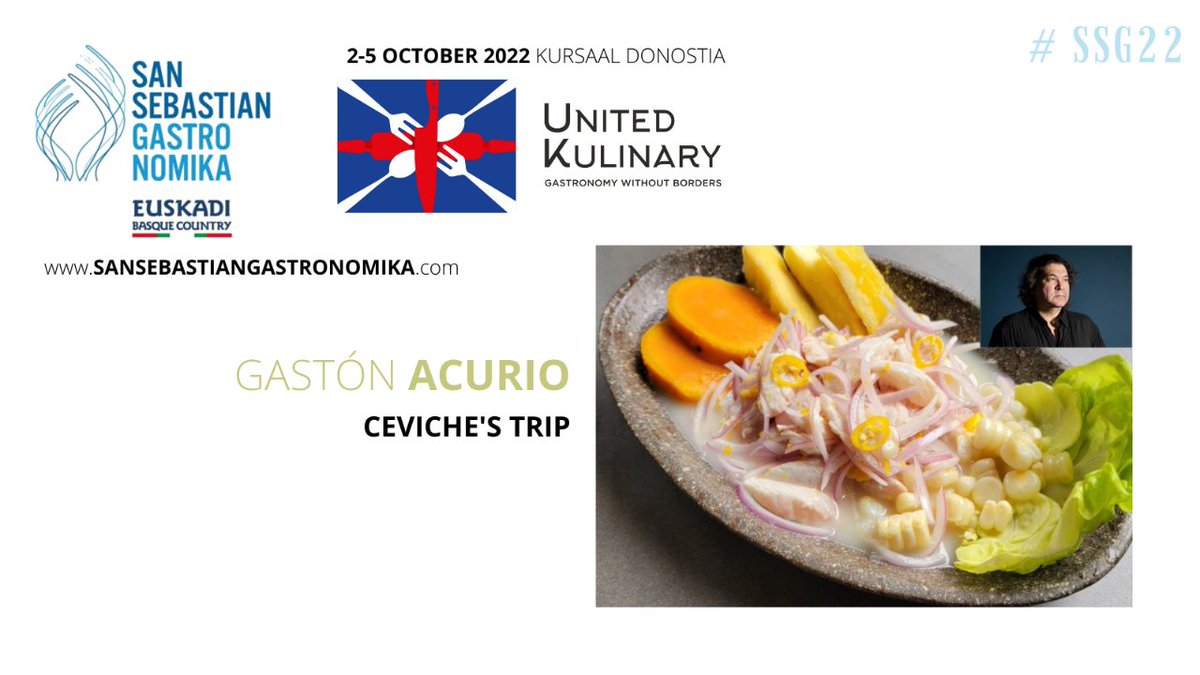 "The Cevich's trip" Gastón Acurio @astrid_y_gaston returns to San Sebastián Gastronomika to talk about ceviche, the dish that he himself helped to export and that today is present on menus around the world. #ssg22 
📍 <a href="/KursaalDonostia/">Kursaal</a> 
📅 October 3-5
sansebastiangastronomika.com/en/programa