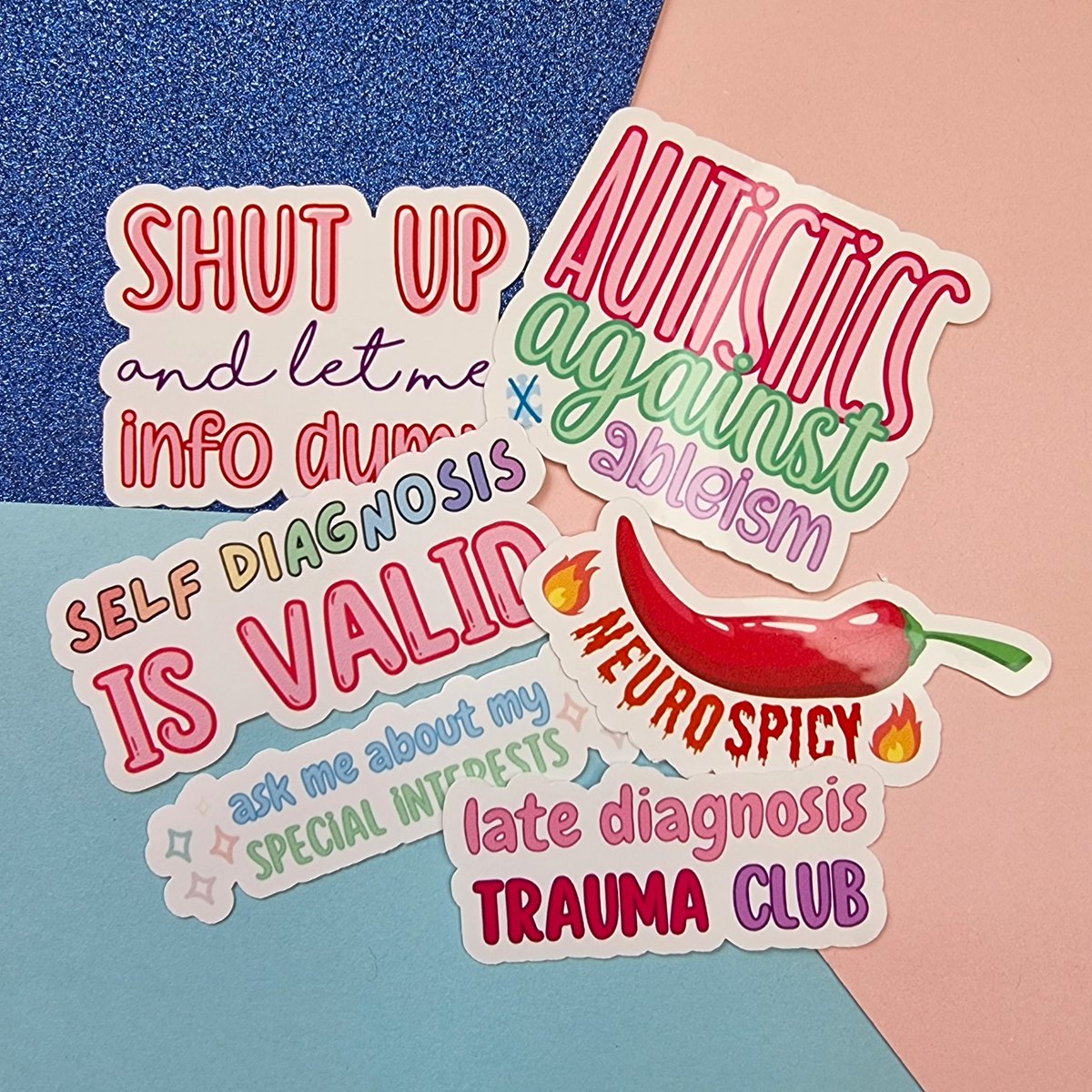 Autistic stickers are ready to grab!
Choose from 1 to all 6! Waterproof and weatherproof so they're perfect to stick pretty much anywhere to add some neurospicy flare 🌈
chronickali.co.uk/products/autis…

#neurospicy #ActuallyAutistic #audhd #autistic