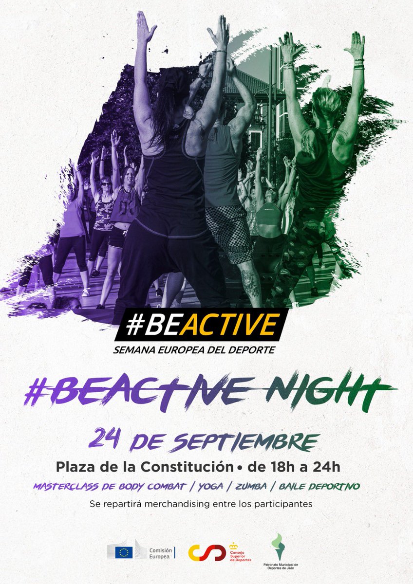 La Plaza de la Constitución acoge este sábado 24 de septiembre la #BeActive Night, que incluye una masterclass de body combat, yoga, zumba y baile deportivo. De 18 a 24 horas. 

La actividad se celebra en el marco de la Semana Europea del Deporte.