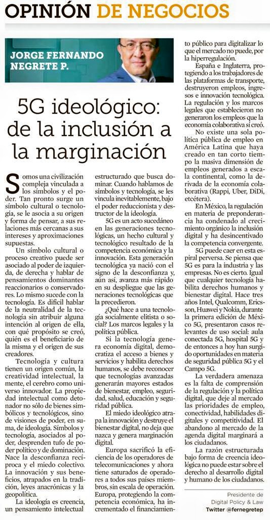 fernegretep's tweet photo. #MX5G #Mexico5G
5G ideológico: de la inclusión a la marginación.
La amenaza a #5G es ideologíca. Deja al mercado las prioridades de empleo, conectividad, habilidades digitales y competitividad. El abandono al mercado de 5G, marginará a los ciudadanos y retrasara la innovación https://t.co/7VhxkIXbNd