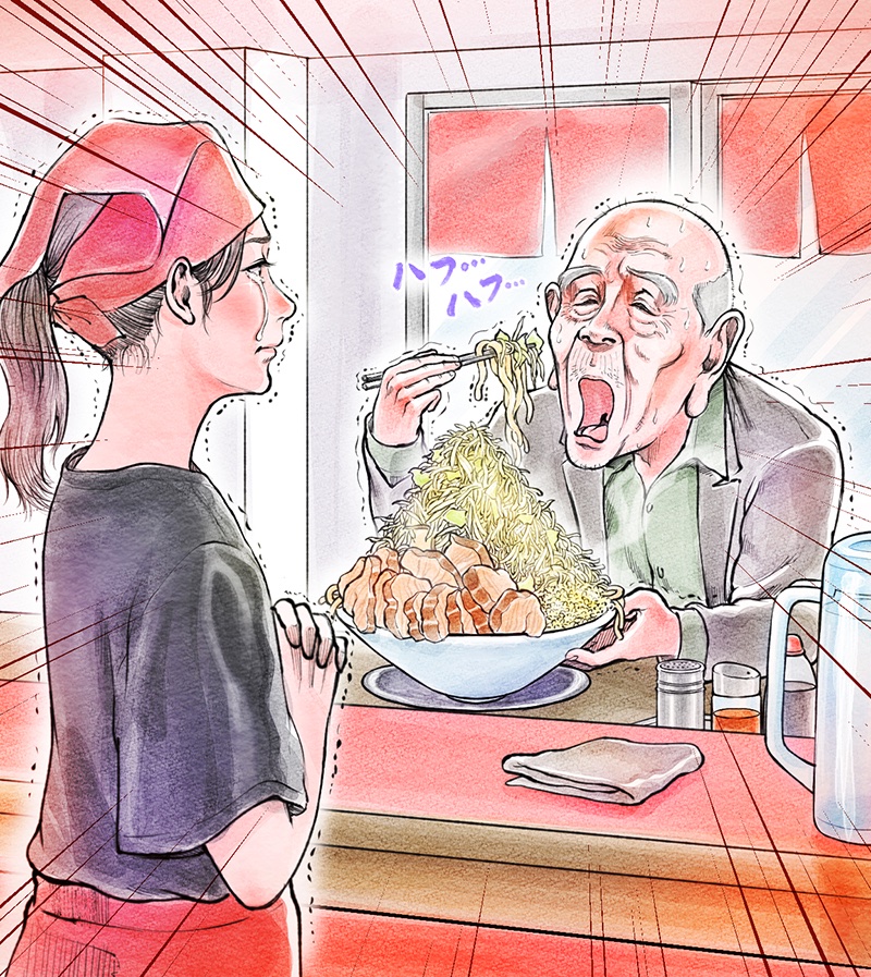 二郎系ラーメンを食べるヨボヨボのおじいさんを見て涙する女性のイラストを描きました。絵描きあるあるでしょうけど、一番最初にアナログで描いたイメージスケッチのおじいさんを本制作で超えられなかった・・・放送中
#上田と女が吠える夜 