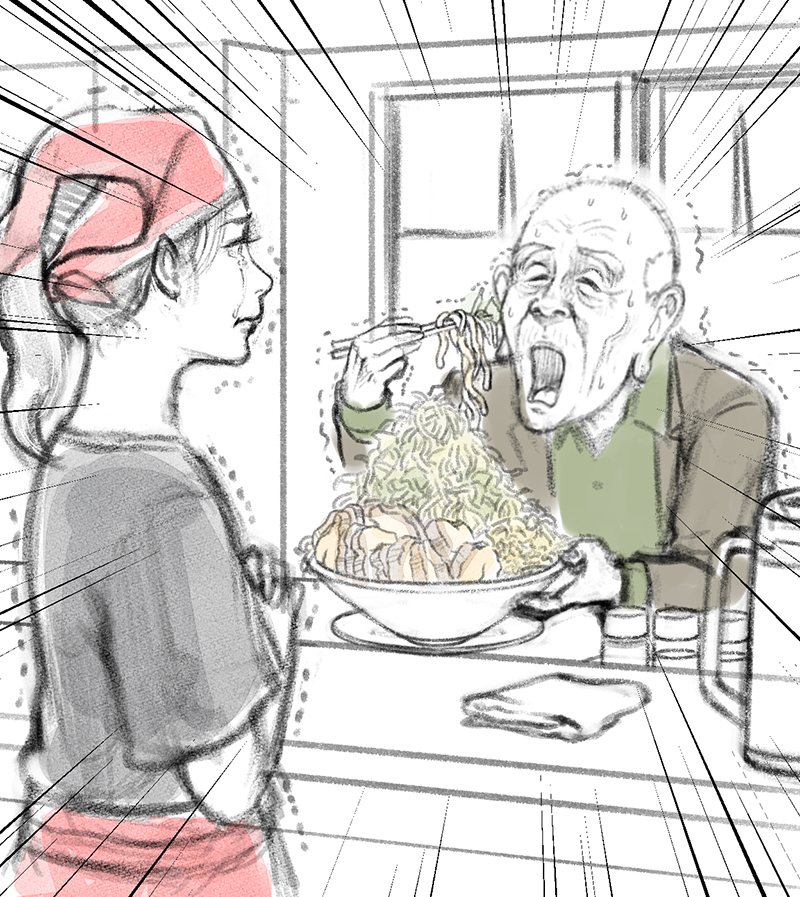 二郎系ラーメンを食べるヨボヨボのおじいさんを見て涙する女性のイラストを描きました。絵描きあるあるでしょうけど、一番最初にアナログで描いたイメージスケッチのおじいさんを本制作で超えられなかった・・・放送中
#上田と女が吠える夜 