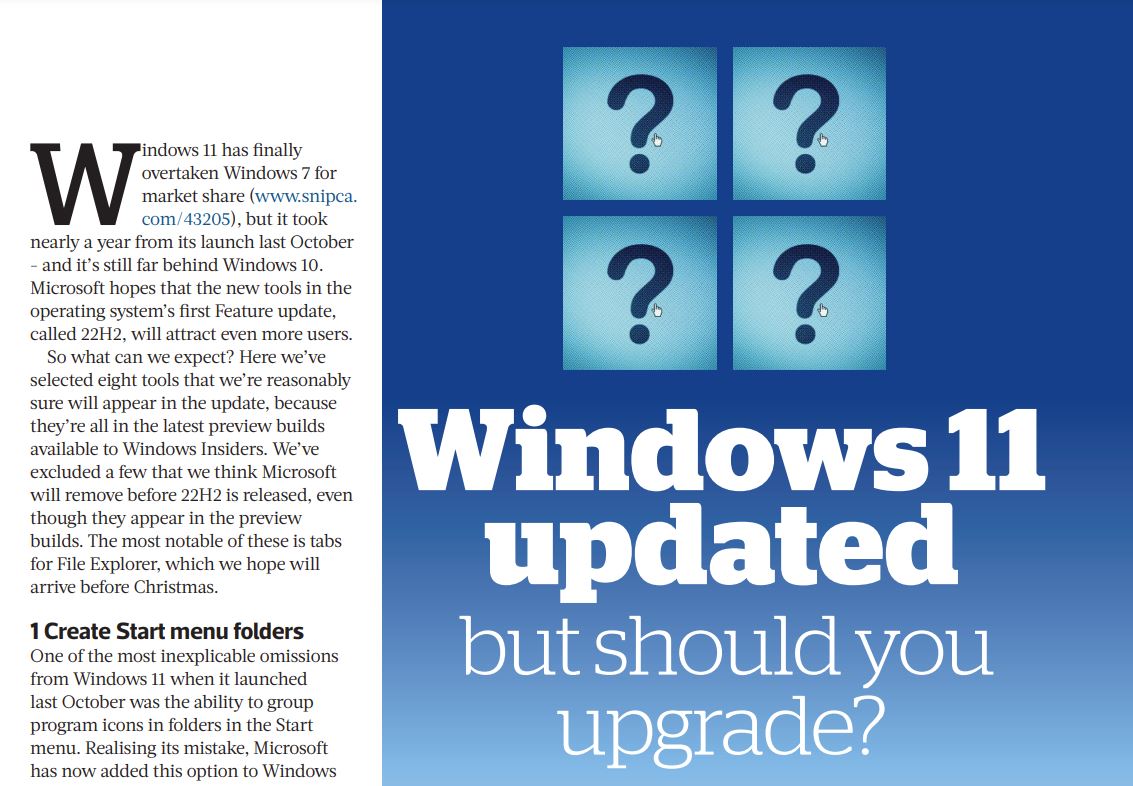 ComputerActive's tweet image. Microsoft has now released the 22H2 Feature Update for Windows 11. We reveal the best 8 tools in our new issue. . .