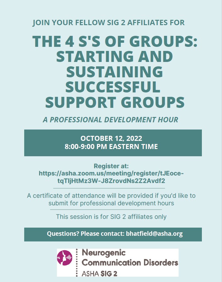 SIG 2 - join your fellow affiliates for a Professional Development Hour on Support Groups! Register at: asha.zoom.us/meeting/regist…

<a href="/ASHAWeb/">ASHA</a> <a href="/ASHA_Events/">ASHA Events</a>