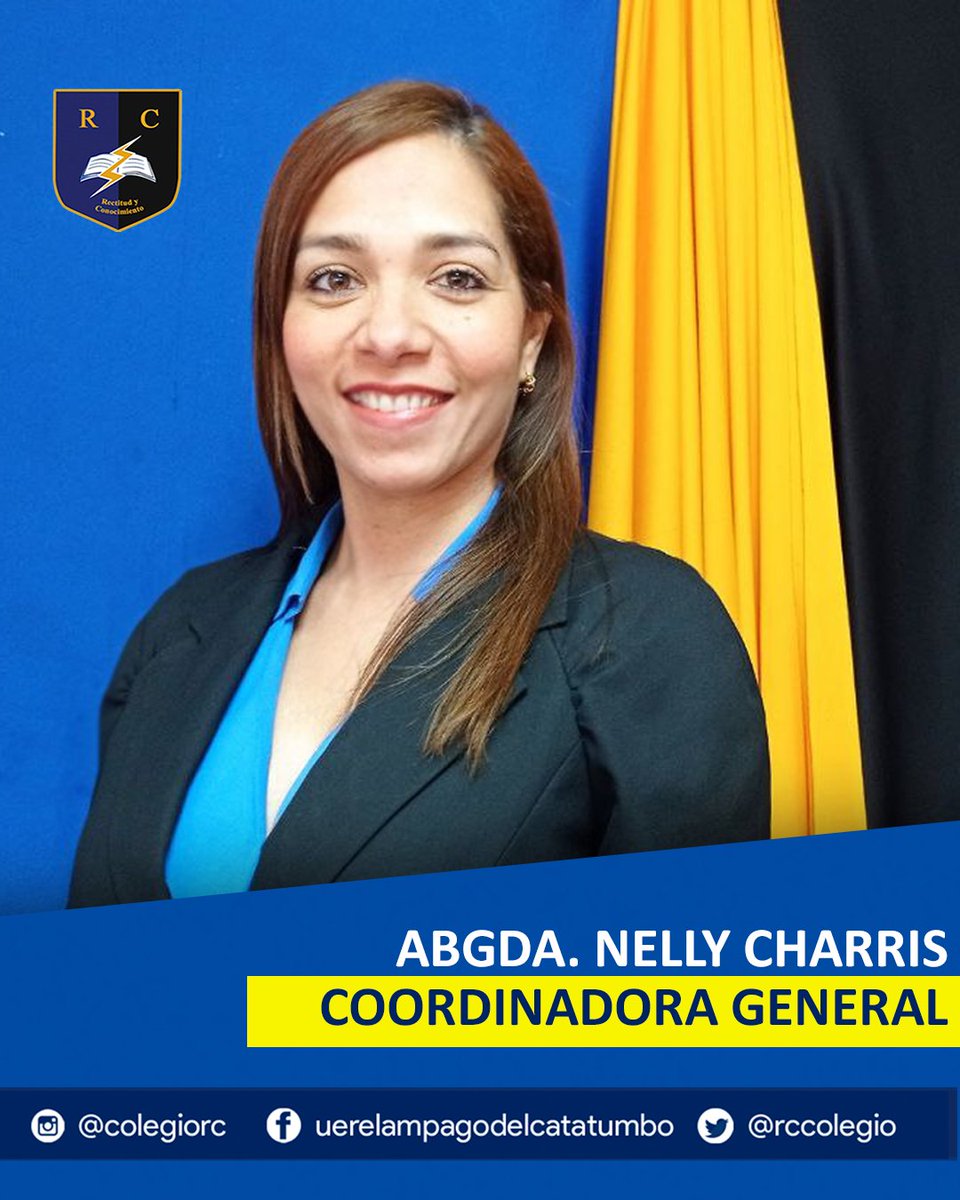 RcColegio's tweet photo. En nuestra sección de #familiaRC, les presentamos a la Abgda. Nelly Charris, Coordinadora General de nuestra casa de estudios.

Es egresada como Abogada de la URBE, tiene una maestría en Gerencia Educativa, en URBE. https://t.co/kJEj3gVTb1