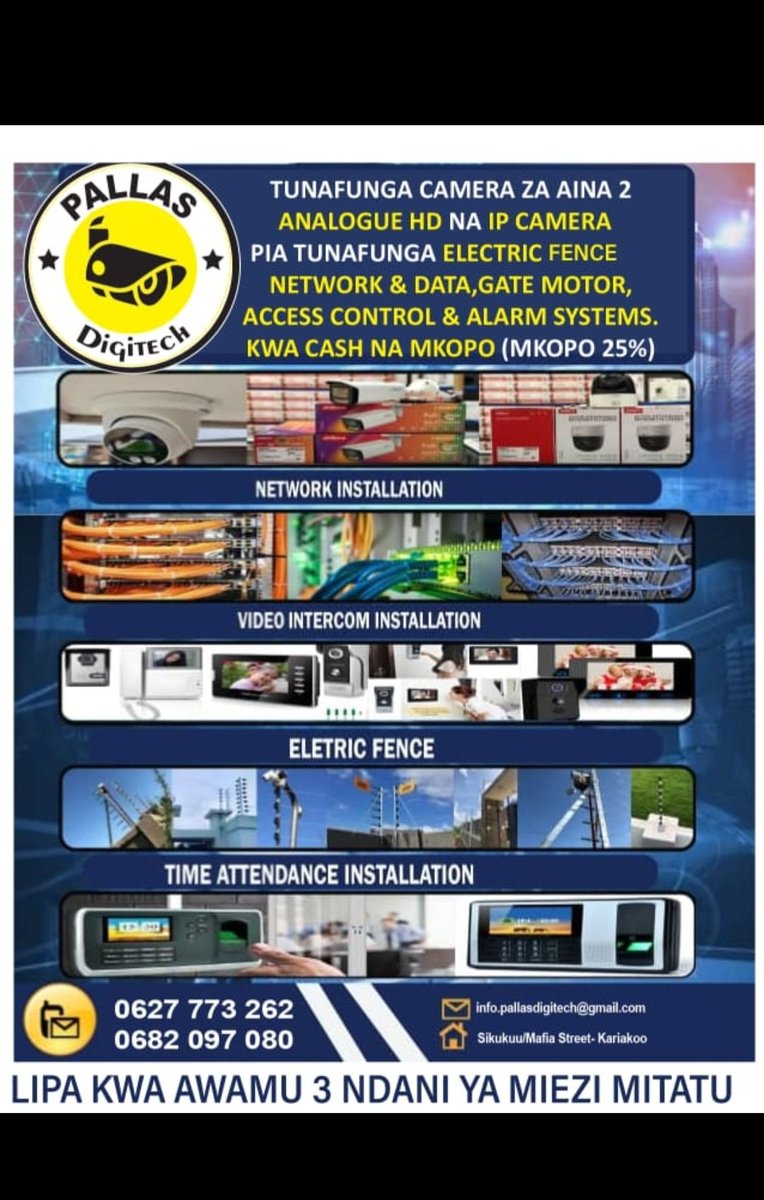 PallasDigitech's tweet photo. @IamFistonMayele Kwa huduma bora na gharama nafuu ya kufunga (installation) na kufanya marekebisho (maintenance) ya mifumo ya ulinzi na usalama tafadhali wasialiana nasi sasa.

🌍Kariakoo, sikukuu na mafia karibu na hospitali ya #AlJumaa https://t.co/R4RqcElhNS