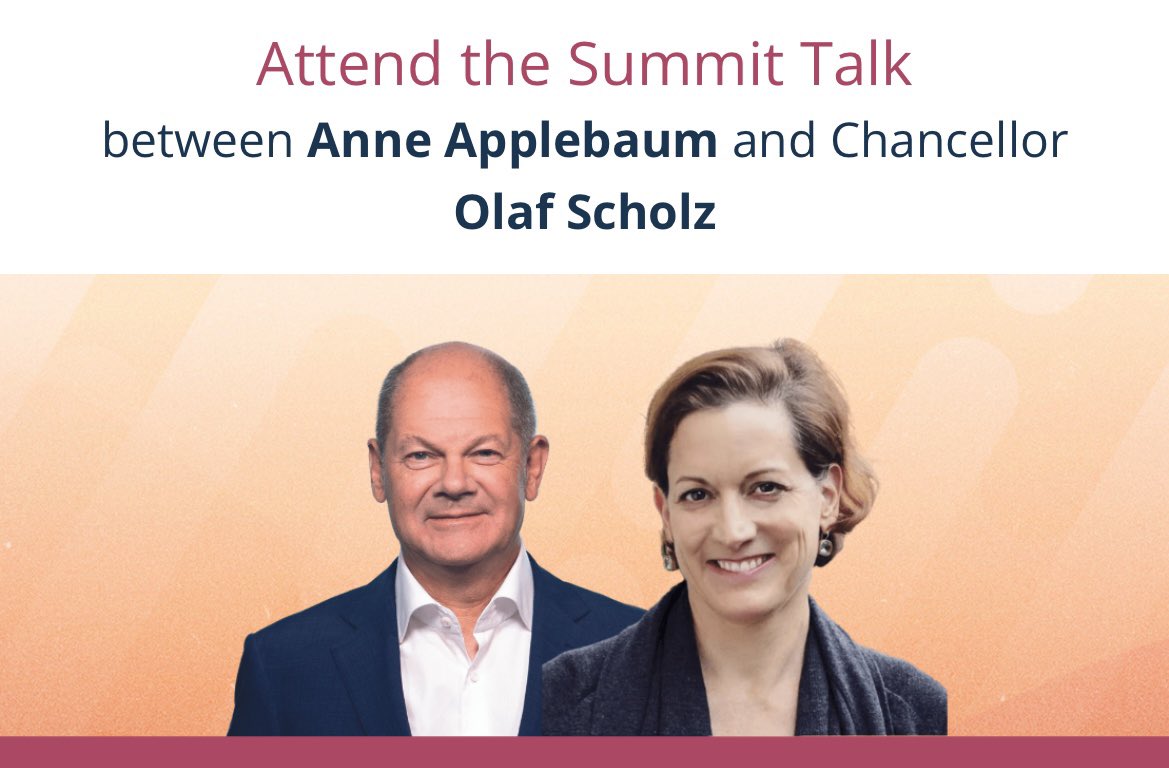 Anne Applebaum &amp; Olaf Scholz is an intriguing combination for a one-on-one discussion. 

Good that Scholz agreed to this — will challenge him more than another cozy discussion with Adam Tooze. 

13 October 2022 in Berlin
progressive-governance.eu/program/