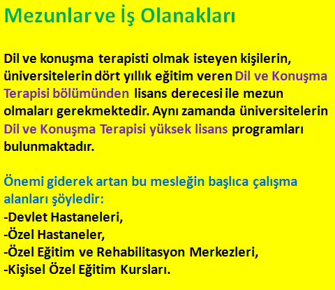 #meslekleritanıyalım #meslekrehberi
#dilvekonuşmaterapisti
Dil ve Konuşma Terapisti 
Konuşma, dil ve iletişim sorunları, yutma, içme ve yeme zorluğu bulunan bebek, çocuk ve yetişkinleri tedavi eder. Kekemelik ve ses rahatsızlığını tedavi etmek te görevleri arasındadır. 

#sayısal