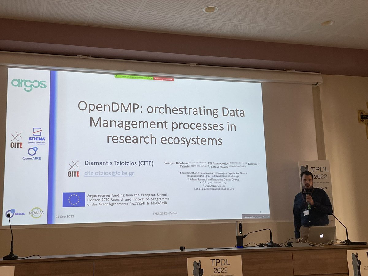 HimarshaJ's tweet photo. #TPDL2022 Booster Session 1:
Paper 6
“OpenDMP: orchestrating Data Management processes in research ecosystems”
By Elli Papadopoulou, Georgios Kakaletris, Diamantis Tziotzios and Natalia Manola
@WebSciDL @TPDL https://t.co/cEBQucEU8T