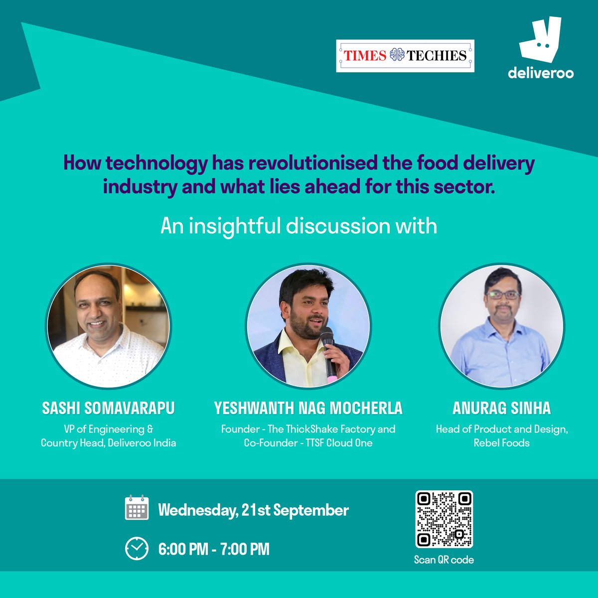 Food delivery by drones 🛰️
Machine learning innovation 🤖
Instant deliveries using algorithms! 📊

Join us with Times Techies, as Sashi Somavarapu, Yeshwanth Nag Mocherla, and Anurag Sinha discuss more about what’s next in the food delivery tech space!