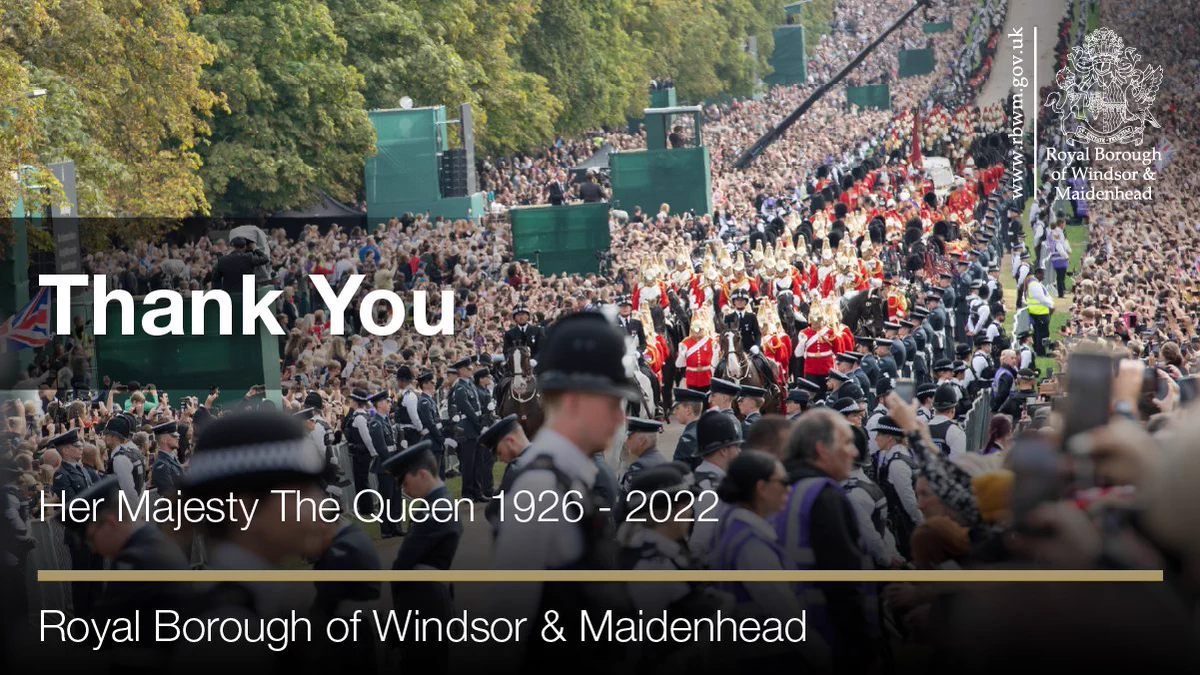 This image shows the procession along the Long Walk prior to the Committal Service for Her Majesty The Queen. Thank you. Her Majesty The Queen