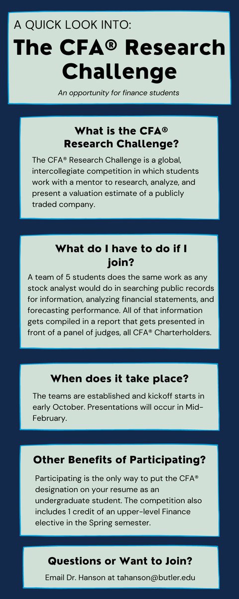 butler_fma's tweet photo. The CFA Research Challenge is a great opportunity that Butler students can participate in after sophomore year. This opportunity is a great way to learn about stock analytics and improve your analytical skills. Interested or have questions? Please reach out! #CFAResearchChallenge https://t.co/l9DcTY1NEl