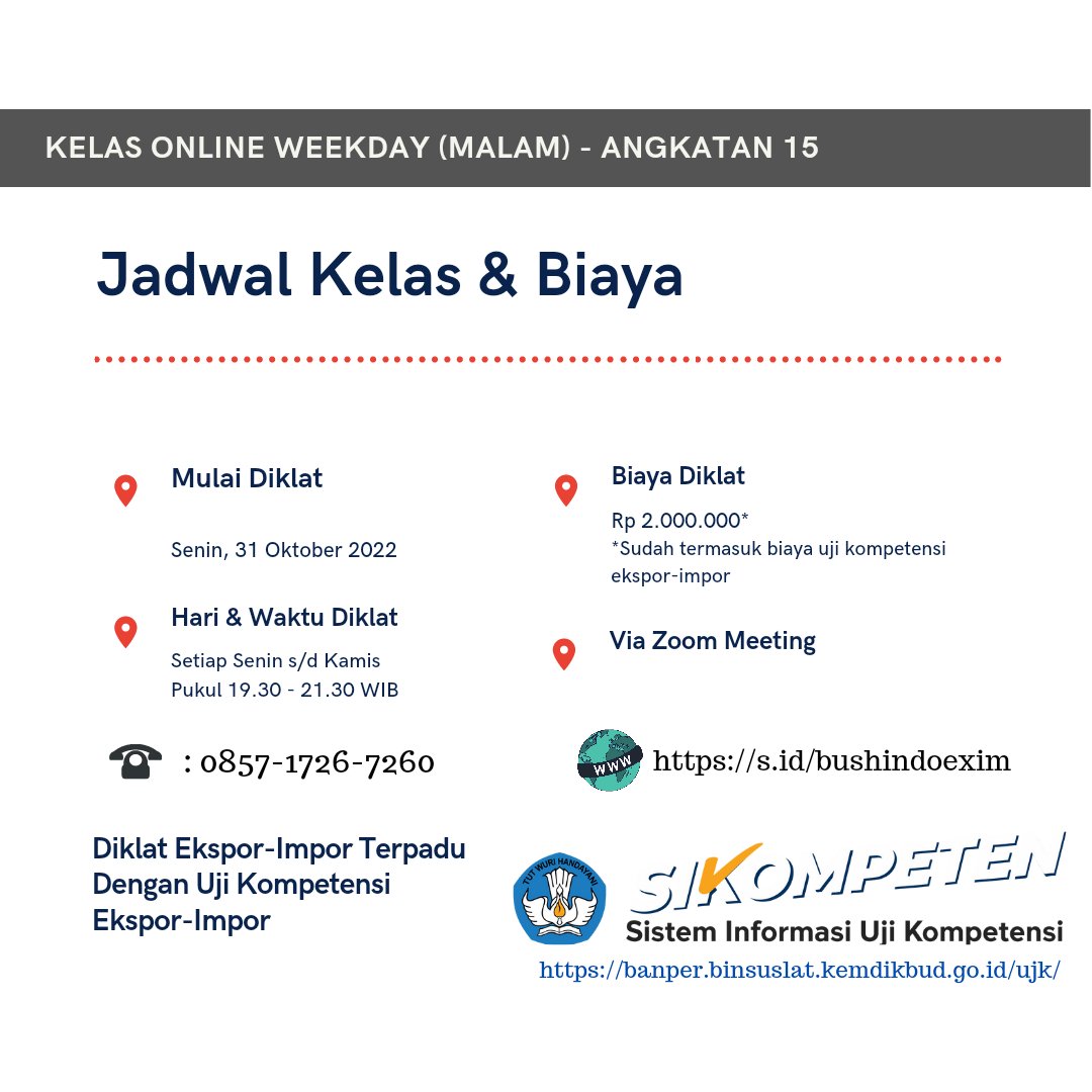 LP_Bushindo's tweet photo. Telah Dibuka Pendaftaran Kelas Online Zoom (Malam) Ekspor-Impor Terpadu Dengan Uji Kompetensi Ekspor-Impor Nasional

#ekspor #impor #Incoterms2020 #letterofcredit #UCP #billoflading https://t.co/x4tLIMhtB0