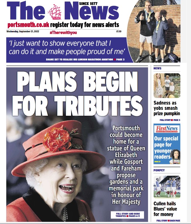 Today's front page - plans for two memorial gardens are in motion, and Portsmouth could become home to a new statue of Queen Elizabeth II