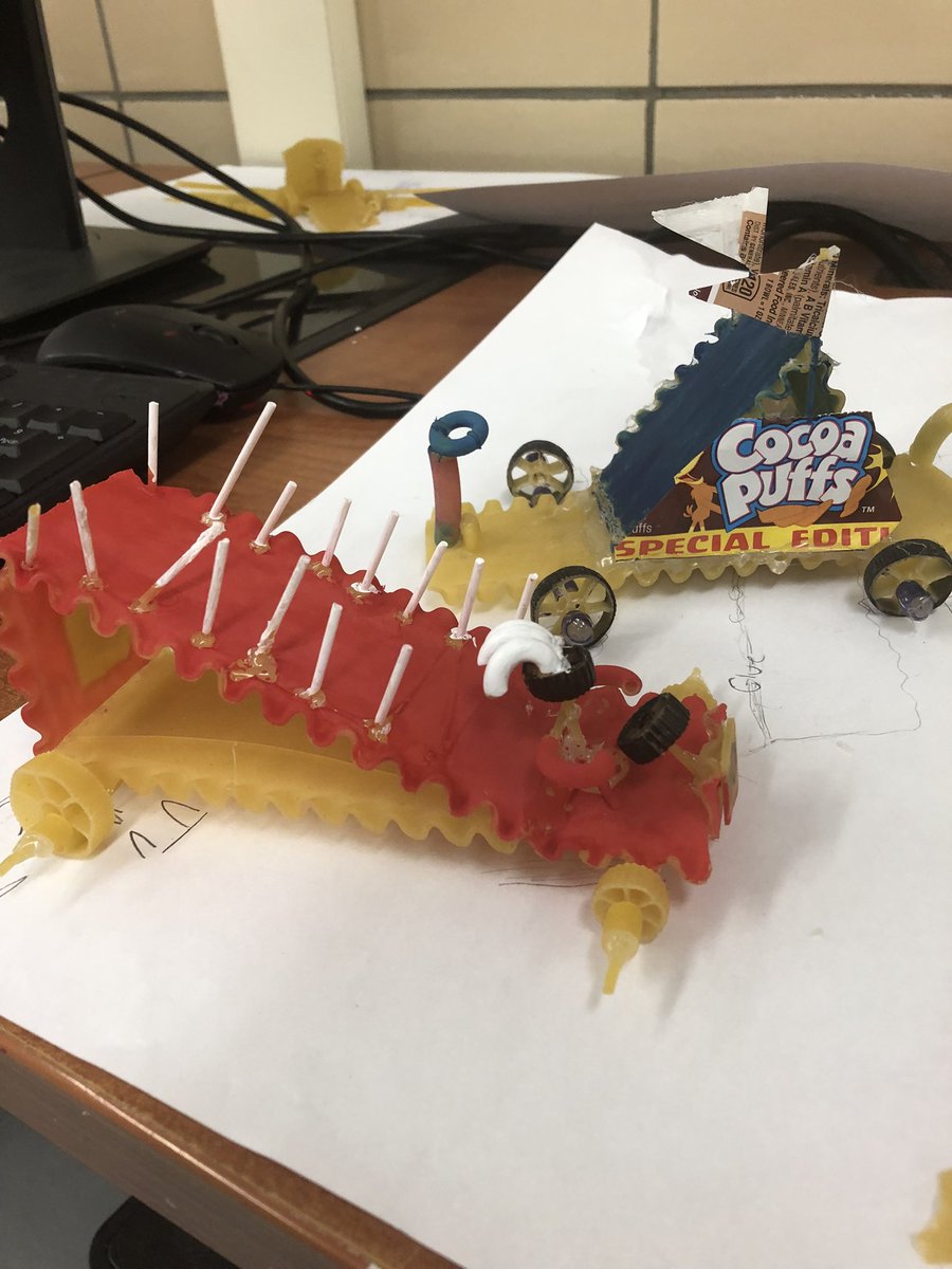 Amazed at our Ss’ creativity. One group of 8th grade APHS engineers repurposed their breakfast trash into a coco puff pastamobile. Even a food truck! Real test is the upcoming spaghetti derby. @PrincipalONeill @APDirCI_ERuiz <a href="/Asbury_ParkSD/">Asbury Park Schools</a> <a href="/DrRaShawnAdams/">Dr. RaShawn M. Adams</a>