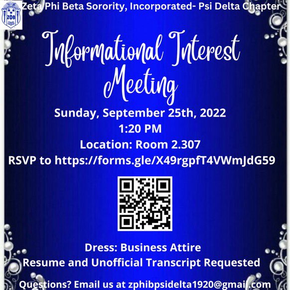 SFA_ZETAS's tweet photo. Are you interested in learning more about Zeta Phi Beta Sorority, Incorporated? We invite you to join us for the fall 2022 informational interest meeting. To RSVP please scan the QR code or type in the link above. https://t.co/Nj5ScjKVt1