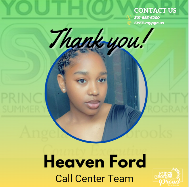 PGCSYEP's tweet photo. #PGCSYEP - Meet Youth at Work Talent Pipeline Participant Heaven Ford!  Prince George's County young adults are making a mark on the County!  We are #PrinceGeorgesProud #SYEPintern #ThankYou https://t.co/0QL2RhWfl7