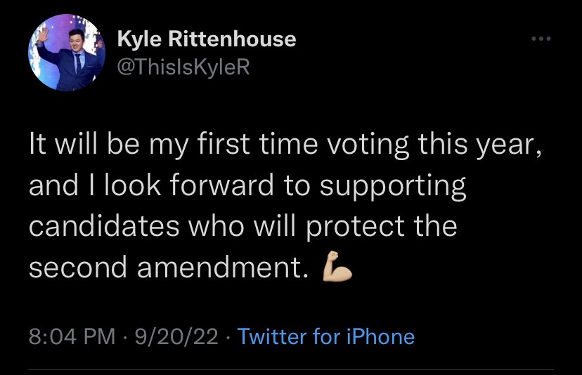 aintscarylarry's tweet photo. Aww. Ain’t that cute. Kyle Rittenhouse is looking forward to voting this year. You know who won’t be able to vote this year, or any other year from now on? The people he murdered. https://t.co/eTLAGMzLtz