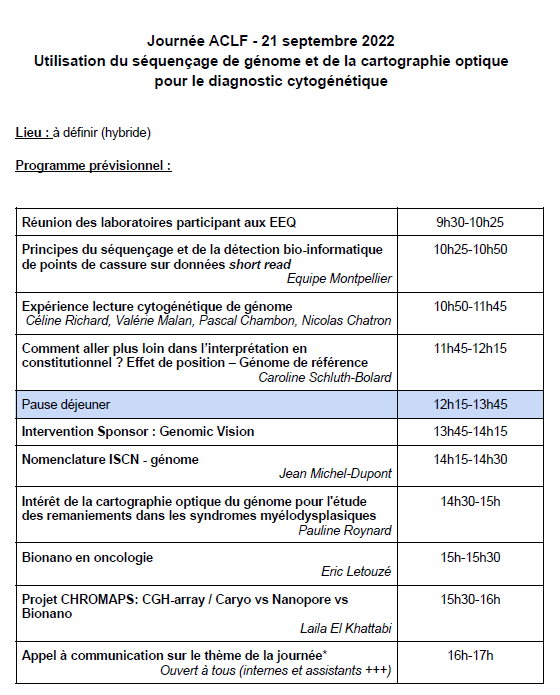 Today is the ACLF (Association of French Cytogenic Technicians) day on 'Use of genome sequencing and #OpticalGenomeMapping for cytogenetic diagnosis'. Several French teams will present results obtained with 
@bionanogenomics for #geneticdiseases and/or #bloodcancer.