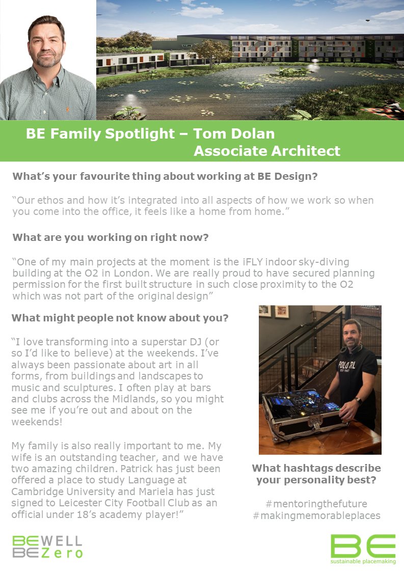 To kickstart our #employeespotlight series, we've interviewed one of our Associate Architects, Tom Dolan to find our what his favourite thing is about #BEDesign, some exciting details from his current projects and interesting facts people might not know. 

#BEWELLBEZero #People