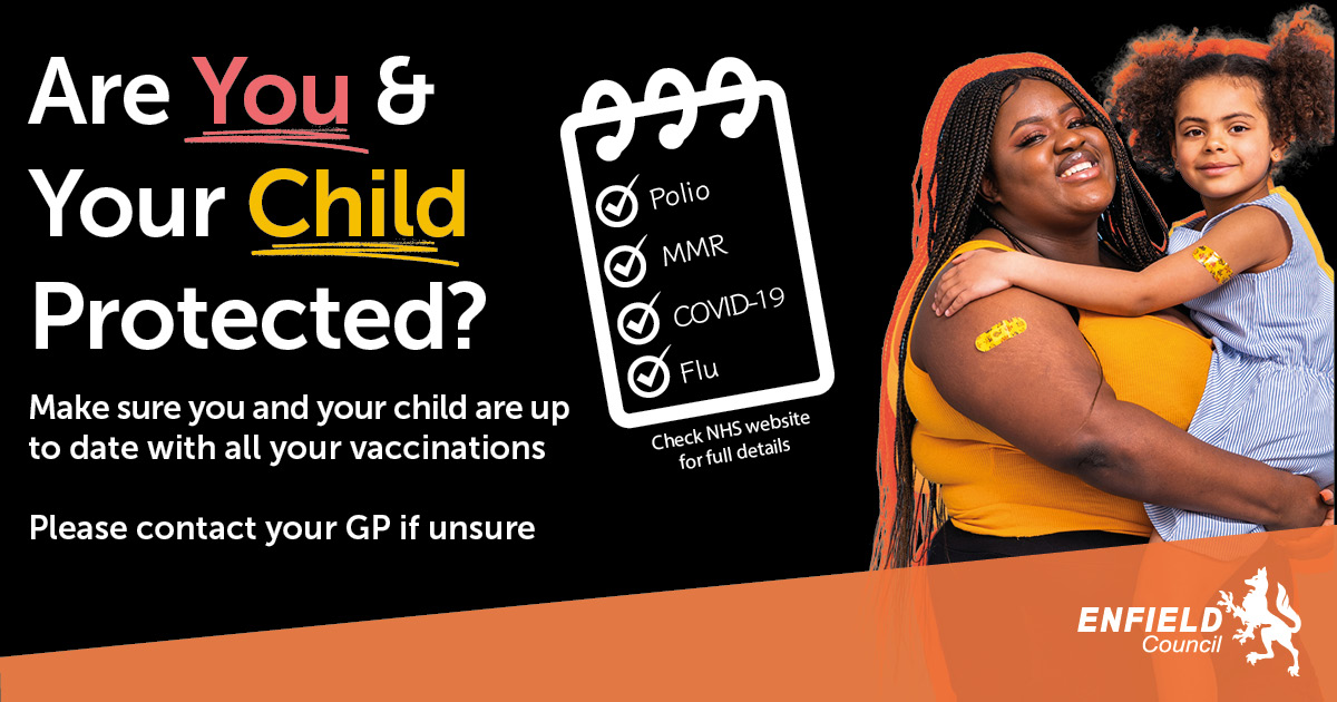 EnfieldCouncil's tweet photo. Missing routine vaccinations, puts you and your child at risk of diseases that could be prevented.
Make sure you and your child are up to date. Contact your GP if unsure.
For more information visit: https://t.co/JyxhyFl63V
#KeepEnfieldSafe https://t.co/ptTOZ3C9CT