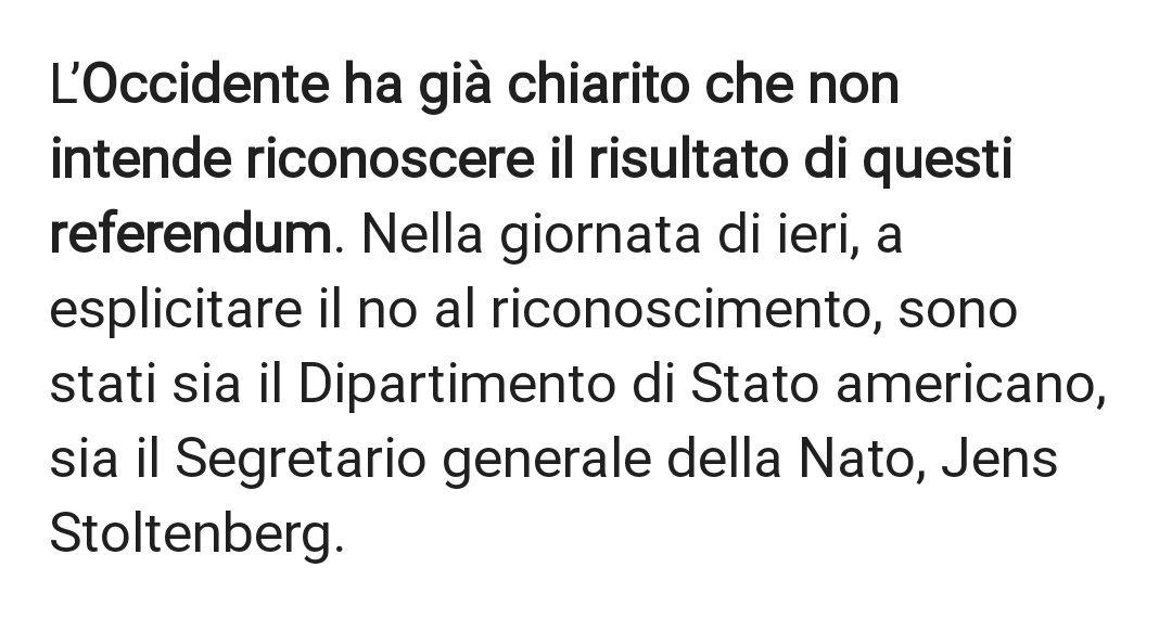 MessoraClaudio's tweet image. Apprendo che l'Occidente che non riconoscerà l'esito dei referendum in Donbass non è l'Occidente politico, ma l'amministrazione Usa e il suo braccio militare, la Nato. Se continueremo a demandare le nostre scelte politiche ai militari di Washington, ci ritroveremo in guerra!