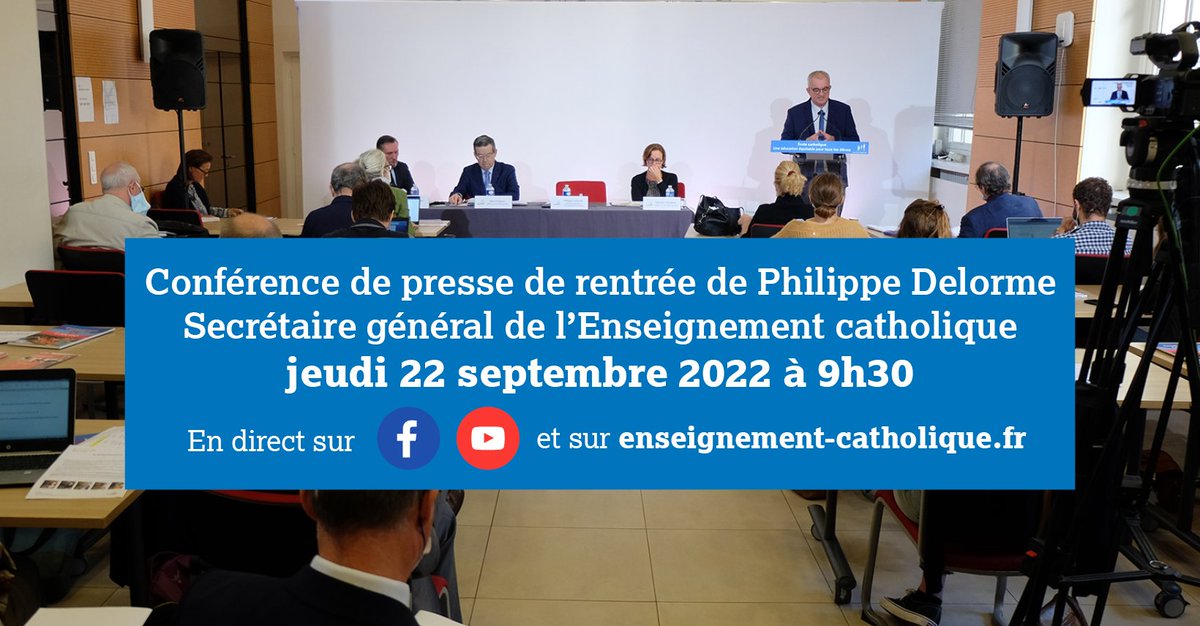 Conférence de presse de rentrée de Philippe Delorme, Secrétaire général de l'Enseignement catholique, jeudi 22 septembre 2022 à 9h30. 
En direct sur Facebook Enseignement catholique, sur Youtube et sur le site : enseignement-catholique.fr