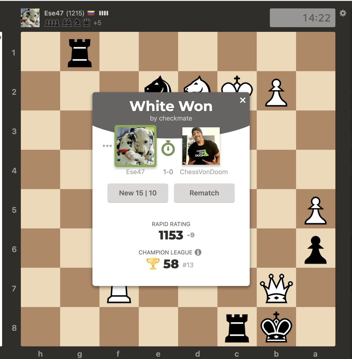 ChessVonDoom's tweet photo. 3 straight losses today @chesscom #Roadto1200. Elo dropped from 1162 to 1127. Gonna stop before this gets any worse. All good games. Opponents brought it hard today. We'll tend to the wounds and try to make better mistakes next time. #chess #chesspunks https://t.co/u5Xin3trfE