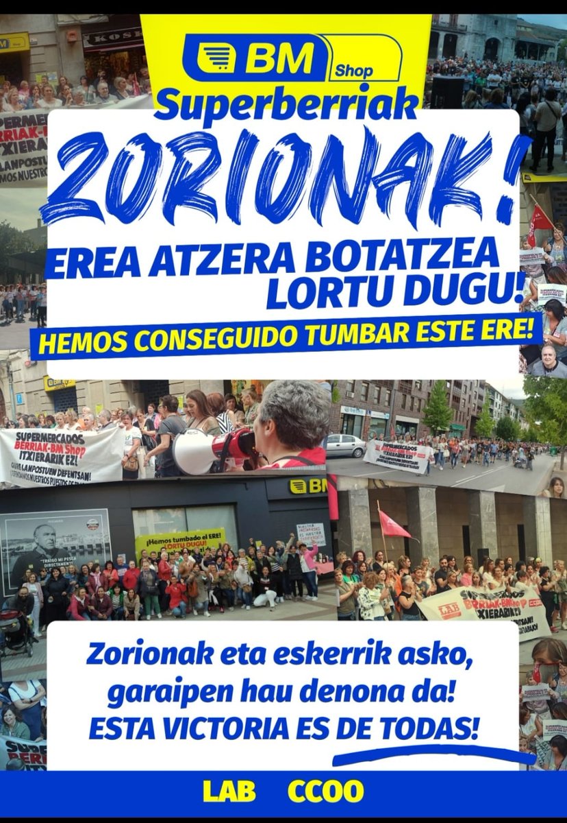 AlfonsoRiosV's tweet photo. Enpleguaren aldeko langileen borroka eta antolakuntza sindikala 70 kaleratze saihestu egin dituzte @BMSupermerkatua @BMSupermercados #BMshop #Superberriak dendetan.
EREa atzera botatzea lortu da! https://t.co/oNFUgZ7VIl