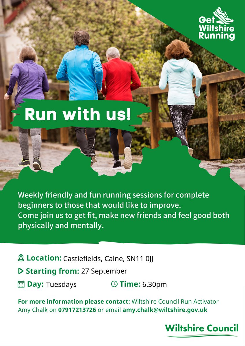 Sport4Wiltshire's tweet photo. We are pleased to announce our upcoming beginners running groups are coming to #Calne and #Trowbridge next week.
No need to register.Just #RockUpAndRun
@wiltscouncil @WiltsSport @CalneLC @JaneVaughanCEM @LiamCrippsCEM https://t.co/uGfvZ7cUzr