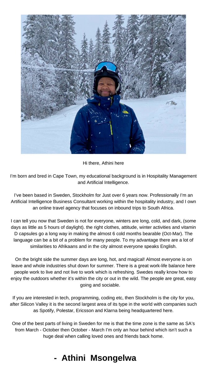ExpatSouth's tweet photo. Meet Athini Msongelwa from Cape Town 🇿🇦 and currently lives and works in Stockholm , Sweden 🇸🇪 . Professionally he is an Artificial Intelligence Business Consultant and owns an online Travel agency that focuses on inbound trips to South Africa. 🇿🇦 https://t.co/JWwwq1VCE0