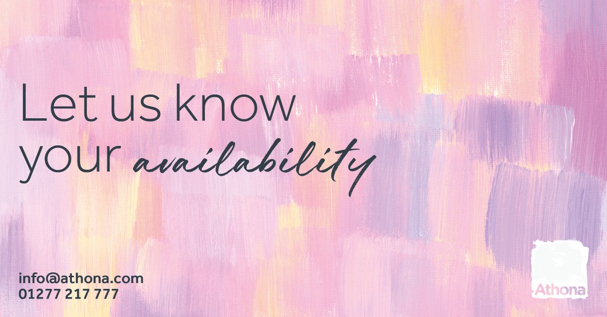 AthonaPsych's tweet photo. Do you work for Athona and need to update your availability?

Fill out our availability form, so we know when you're free to work shifts and can begin finding you the most suitable role!

Fill out our availability form here: https://t.co/V56k3Nd8nO

#availability #nhs #working https://t.co/98YkmOe1RB