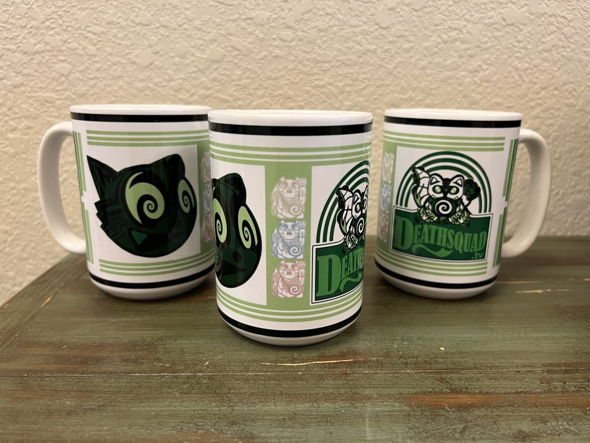 redban's tweet image. ITS HERE!! The next wave of #DEATHSQUAD MUGS just dropped! A black original kitty mug, and the PILL kitty in green. The same awesome quality 15OZ mug, add these to your collection today!! 

GET THEM NOW - shopsquad.tv/mugs