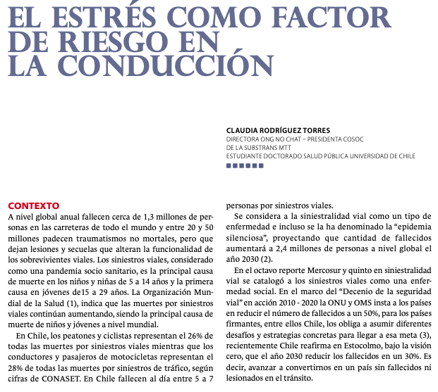 ONGnochat's tweet photo. "ESTRÉS COMO factor de riesgo en la conducción" es el título del artículo que escribió la directora ejecutiva de No Chat, Claudia Rodríguez, para la edición de agosto de la revista del Consejo Nacional de Seguridad. Puedes revisar el texto completo aquí: https://t.co/jiZq1QPX6b https://t.co/qP7Km77lSb