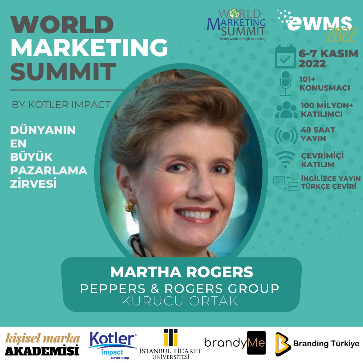 KisiselMarkaAkd's tweet photo. Peppers &amp; Rogers Kurucu Ortağı Martha Rogers, dünyanın en büyük pazarlama etkinliği World Marketing Summit 2022’de
Detaylı bilgi ve kayıt:
https://t.co/Q9Wc8oJ5B6 

#worldmarketingsummit2022 #ewms #peppersandrogers https://t.co/TViLHW51Pg