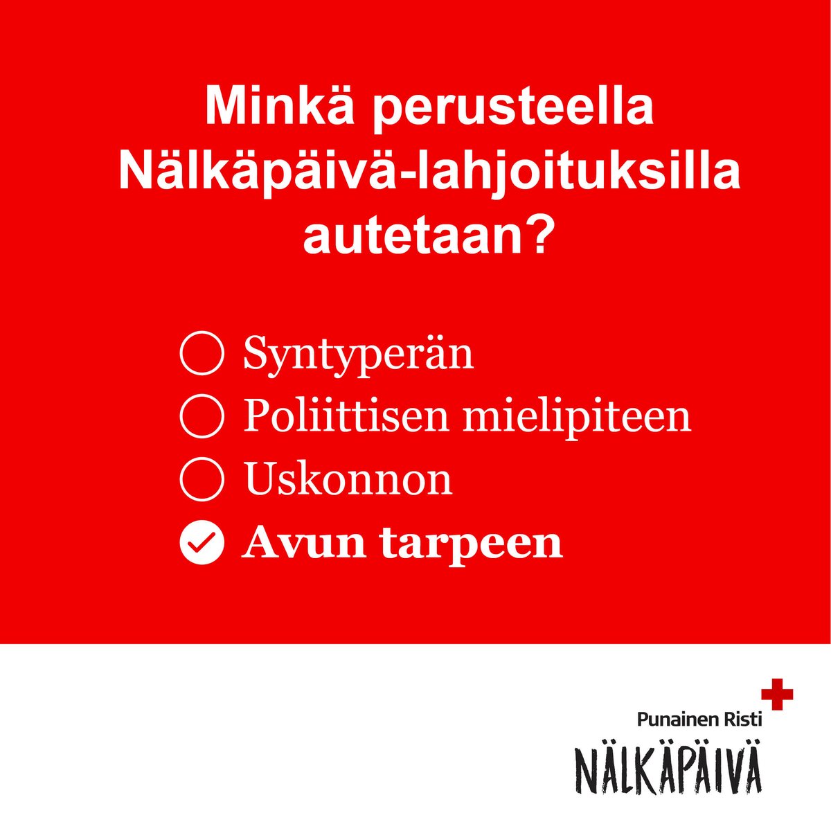 PunainenRisti's tweet photo. Jakaisitko tämän? Punaisen Ristin avustustyö perustuu puolueettomuudelle ja inhimillisyydelle. Näitä periaatteita noudatamme myös Nälkäpäivä-lahjoituksia käytettäessä. 

Kiitos kun autat ❤️
https://t.co/CbX06rEh6f

#Nälkäpäivä #PunainenRisti https://t.co/Z0yOXWGLau